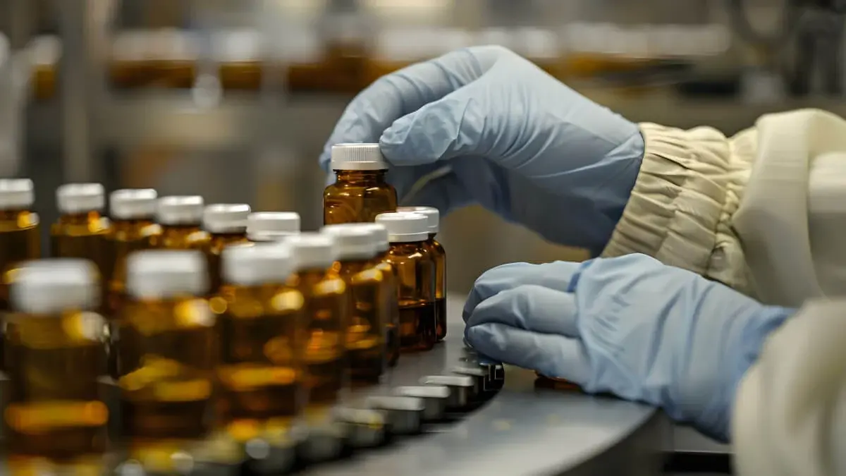 a person wearing gloves holding a bottle