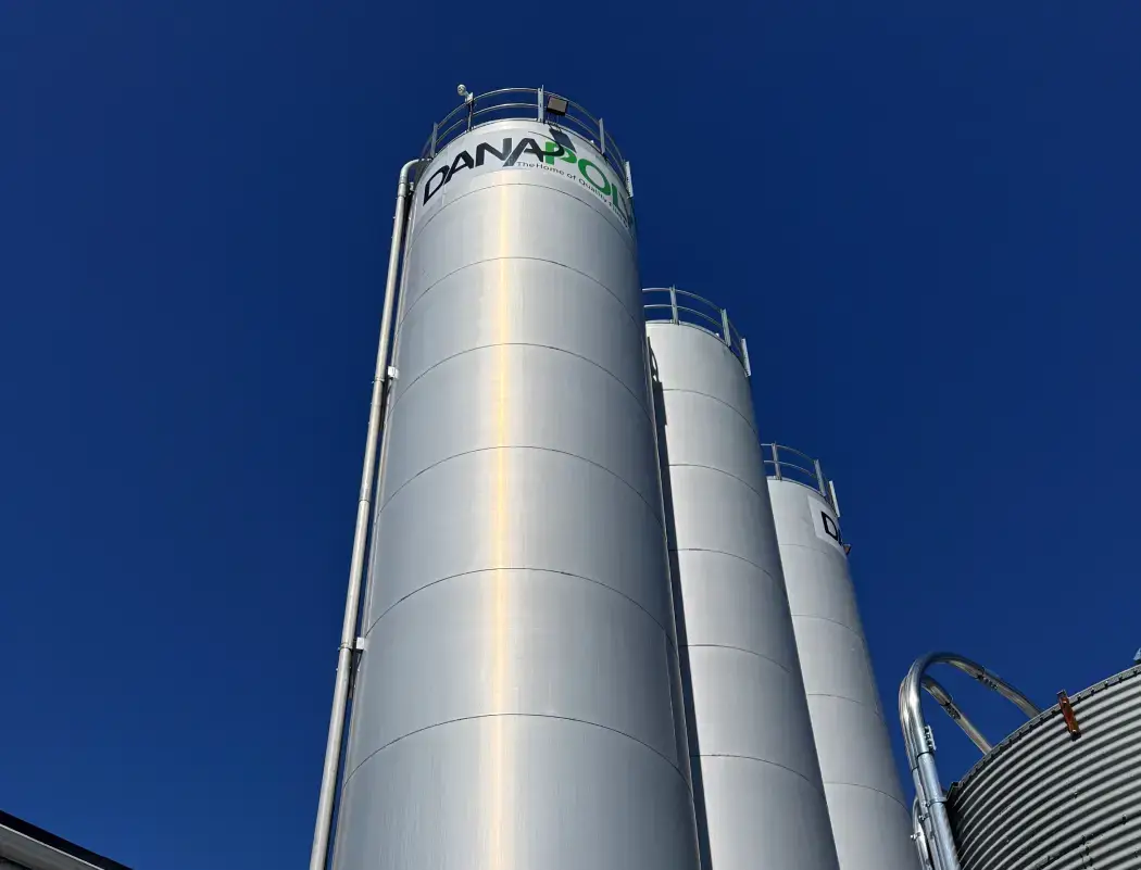 a group of white silos