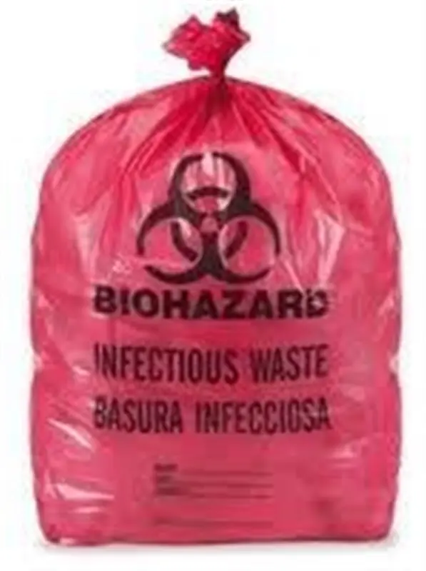 a red plastic bag with a biohazard sign