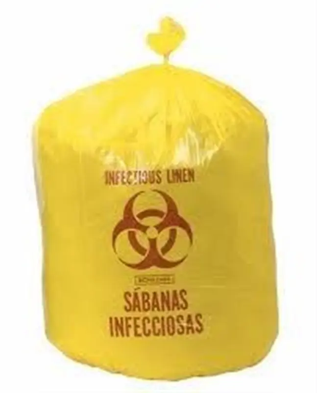 a yellow garbage bag with a biohazard sign