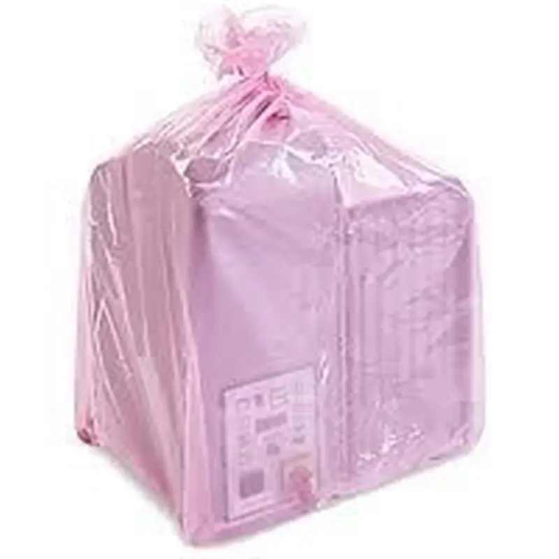 a pink plastic bag with a white label