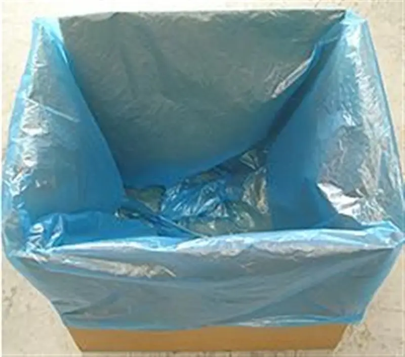 a blue plastic bag in a box