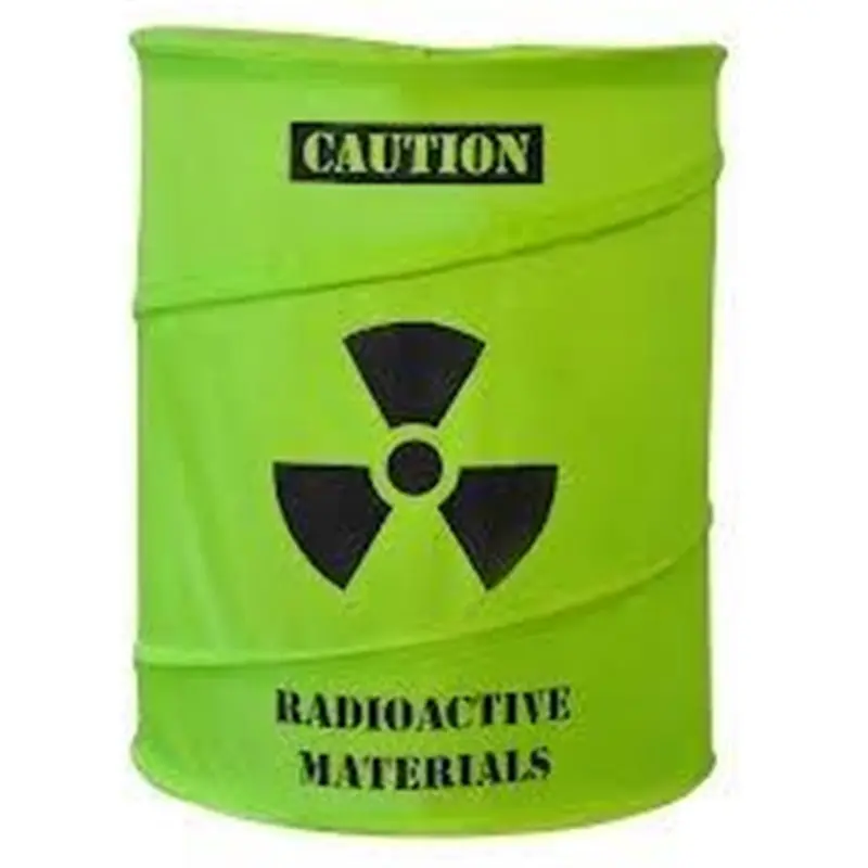 a green barrel with a black and yellow sign