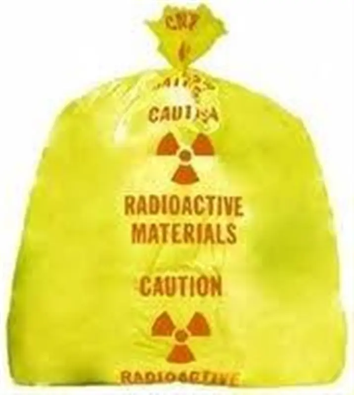 a yellow garbage bag with red writing